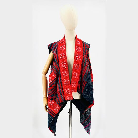 Vintage Hmong Indigo Blue Neon Red Embroidered Cotton Tribal Vest - Picture 1 of 9